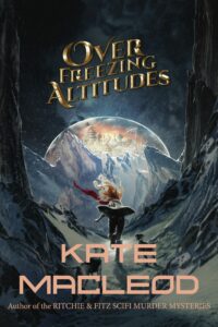 Book cover for a young adult space opera novel. A girl is running up a snow-covered mountain towards a domed city. She is flanked by her two dogs.