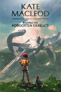 Book cover for the teen sci-fi novel titled "Raiding the Forgotten Derelict". A teenaged girl and her robotic dog are looking at a crashed spaceship in a jungle-filled crater.