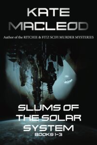 Book cover for a young adult science fiction omnibus of three books. The image is of an upside down city with space ships flying through it with a planet below.