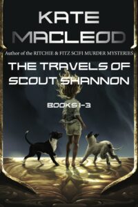 Book cover for a young adult space opera omnibus of the first three Scout Shannon Books. The image is of a girl looking up at the sky with her two dogs flanking her.