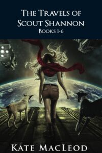 Book cover for a young adult space opera omnibus collecting all six of the Scout Shannon novels. The image is of a girl walking towards the open dock of a spaceship while flanked by her two dogs. There is a planet below and two spaceships above.