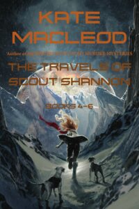 Book cover for the young adult space opera omnibus that collects the last three books of the Scout Shannon series. The image is of a girl running over a snow-covered mountain towards a domed city while flanked by her two dogs.